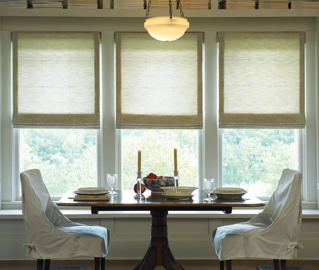 roman shades install in breakfast room